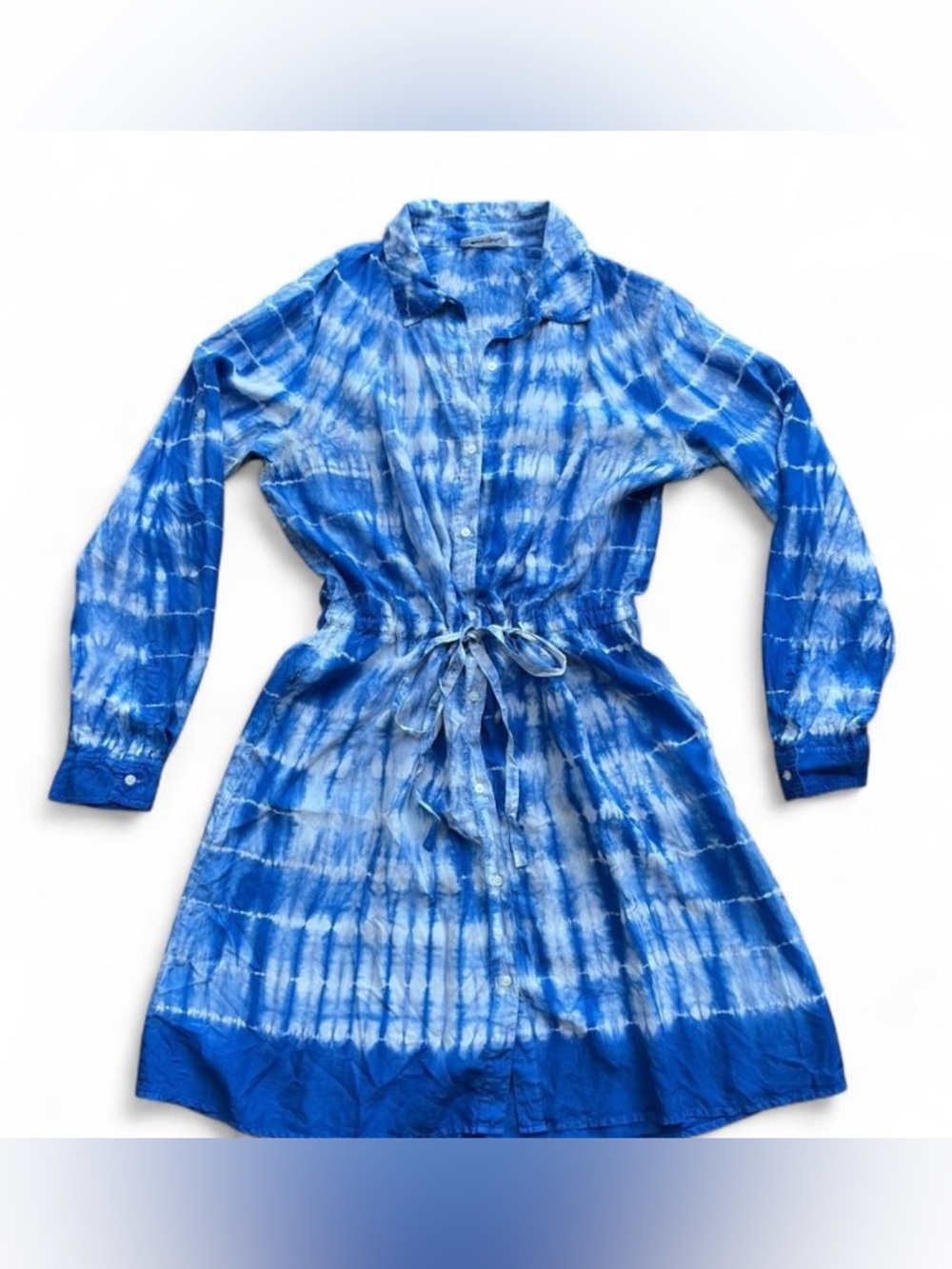 Coastal Boho Blue and White Button-Up Shirt Dress with a Tie Waist